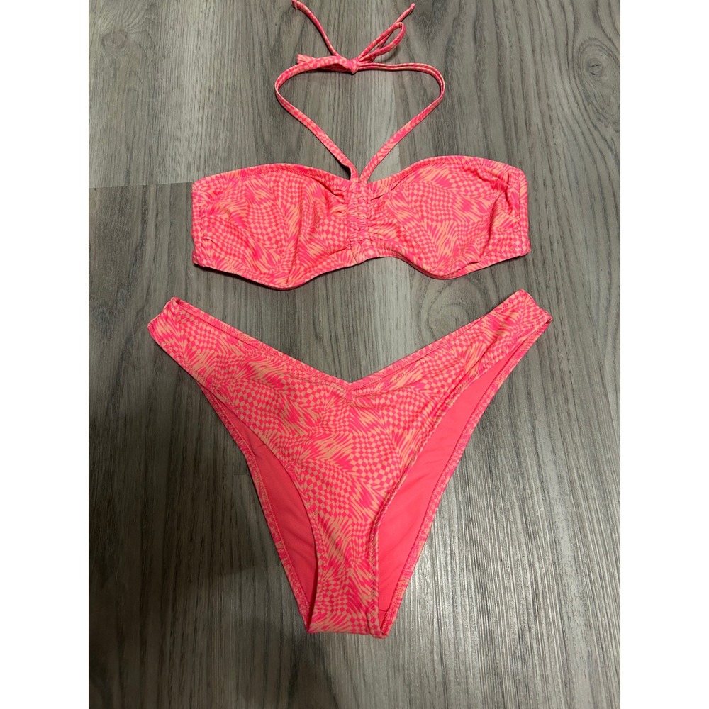 New Aerie Womens Pink Checkerboard Halter Bandeau Bikini Set L Neon Pink swim